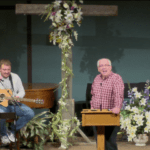 Youth Pastor Dustin Mulkey (left), and Interim Pastor Larry Chute record a livestream service at North Oak Community Church in Hays, Kan. Photo: NOCC/Facebook