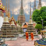 Orange-robbed monks at a Buddhist Temple