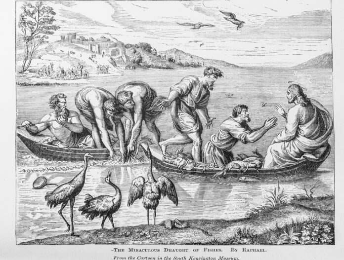 From an 1880 textbook "Classic and Italian :The Miraculous Draught of Fishes (Luke 5: 1 – 11) This Painting by Raphael depicts one of the founding moments of Christianity – when the Jewish fisherman Simon, later renamed Peter, is called to be an apostle of Jesus Christ. "Fear not; from henceforth thou shalt catch men."