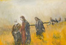 Seeing his glory together Oil painting illustrating a religious scene, Jesus Christ and his disciples on a meadow