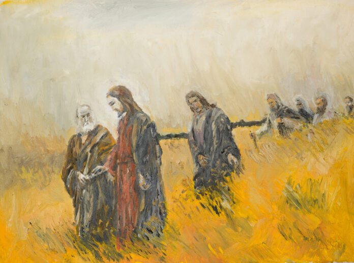 religious scene, Christ and his disciples Oil painting illustrating a religious scene, Jesus Christ and his disciples on a meadow
