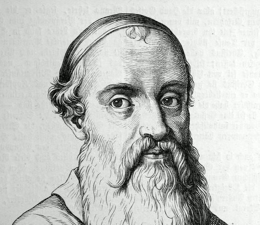 Humility and service Black and white lithographic like portrait of Menno Simons.
