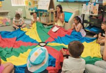 Learning by doing Volunteer holding hands praying in a circle with group of early elementary children, sitting around a parachute in a classroom setting.