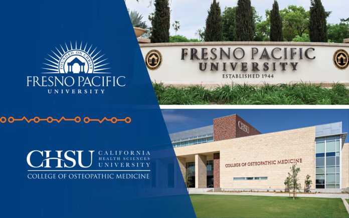 Fresno Pacific University (FPU) sign on campus. California Health Sciences University College of Osteopathic Medicine sign on campus.