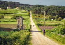 The sacredness of solitude Pilgrims walking along on the Way of St. James, Muxia-Fisterra, Galicia, Spain