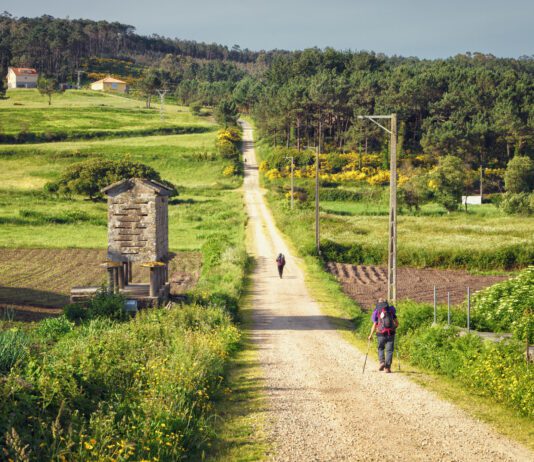 The sacredness of solitude Pilgrims walking along on the Way of St. James, Muxia-Fisterra, Galicia, Spain