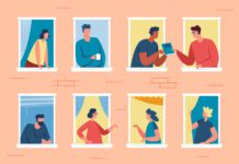 Community: The answer for a world that is lonely Neighbors in windows, good neighborhood, people looking out window. Friendly apartment neighbours talking to each other vector illustration. Friends communicating, discussing book, drinking coffee