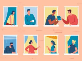 Community: The answer for a world that is lonely Neighbors in windows, good neighborhood, people looking out window. Friendly apartment neighbours talking to each other vector illustration. Friends communicating, discussing book, drinking coffee