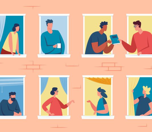 Community: The answer for a world that is lonely Neighbors in windows, good neighborhood, people looking out window. Friendly apartment neighbours talking to each other vector illustration. Friends communicating, discussing book, drinking coffee