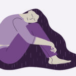 Unhappy girl sitting and dark cloud above her