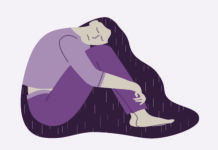 Can loneliness kill you? Sad woman or teenager girl. Hugging knees. Vector illustration