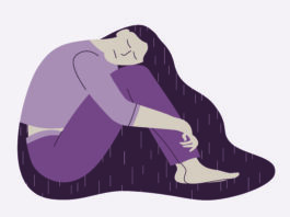 Can loneliness kill you? Sad woman or teenager girl. Hugging knees. Vector illustration