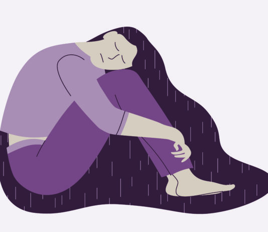 Can loneliness kill you? Sad woman or teenager girl. Hugging knees. Vector illustration